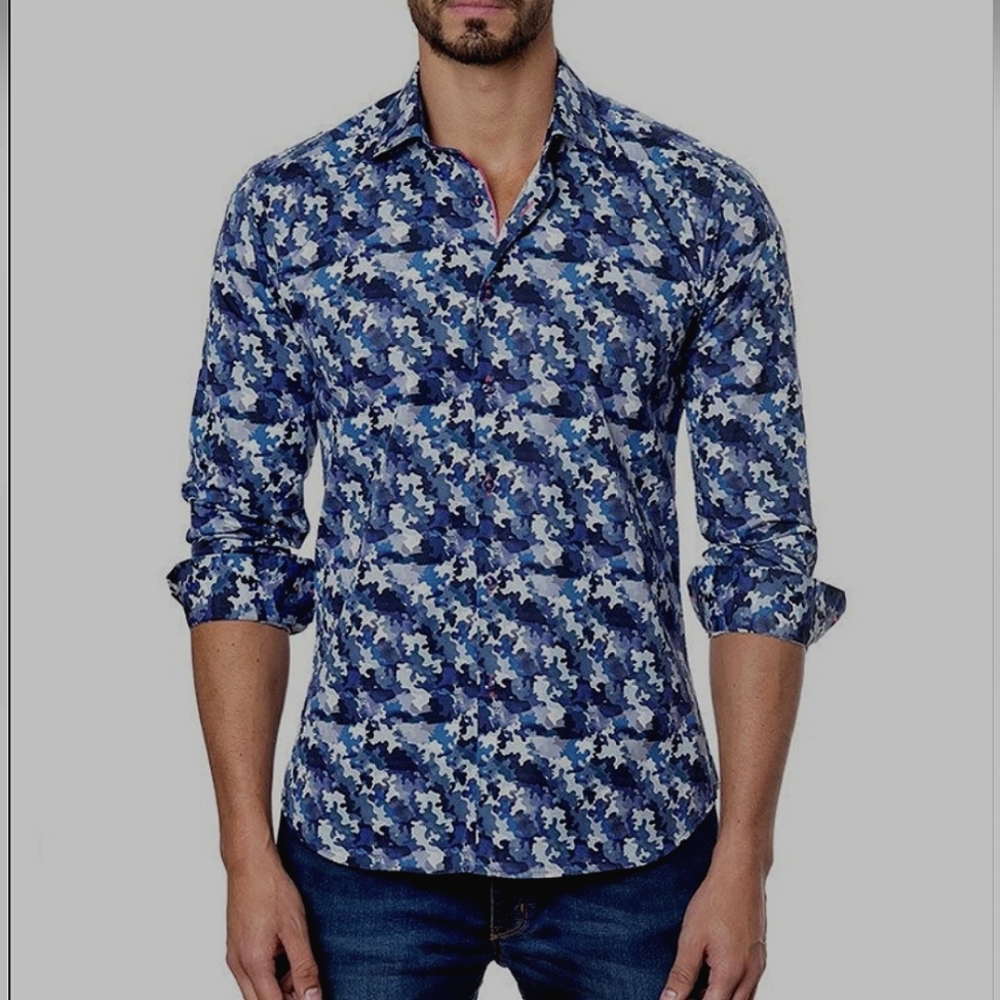 Jared Lang Men's/Unisex Blue Camo Button-Up Long Sleeve Dress Shirt - Size S/2